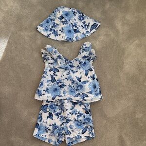 Janie and Jack Blue Floral too, shorts and bucket hat set, size 2T